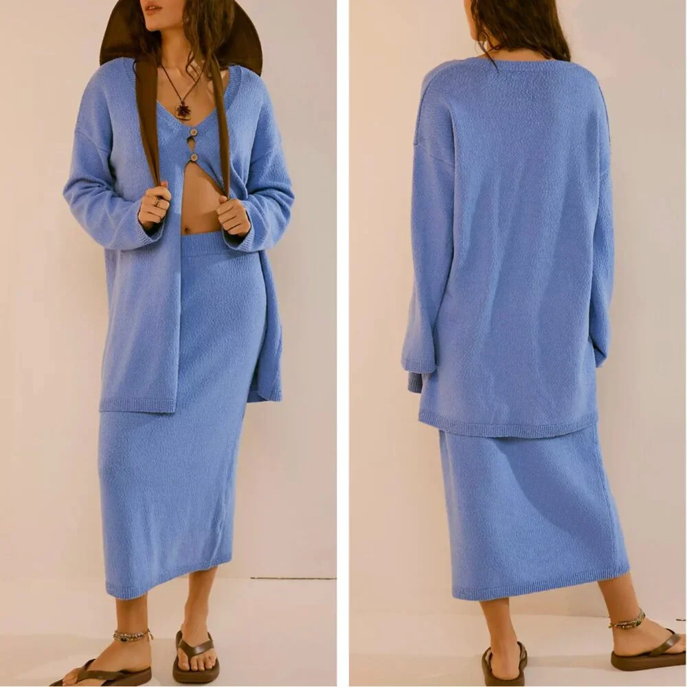 NEW Free People Tamara Sweater Skirt Knit Set Large  Blue Vista Blue